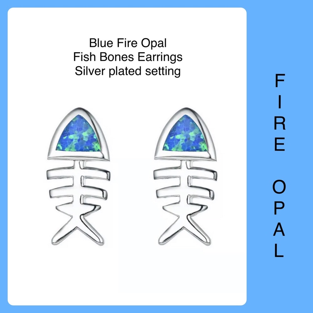 🧿BUY1•GET1•FREE🧿Blue Fire Opal Silver Fish Bones